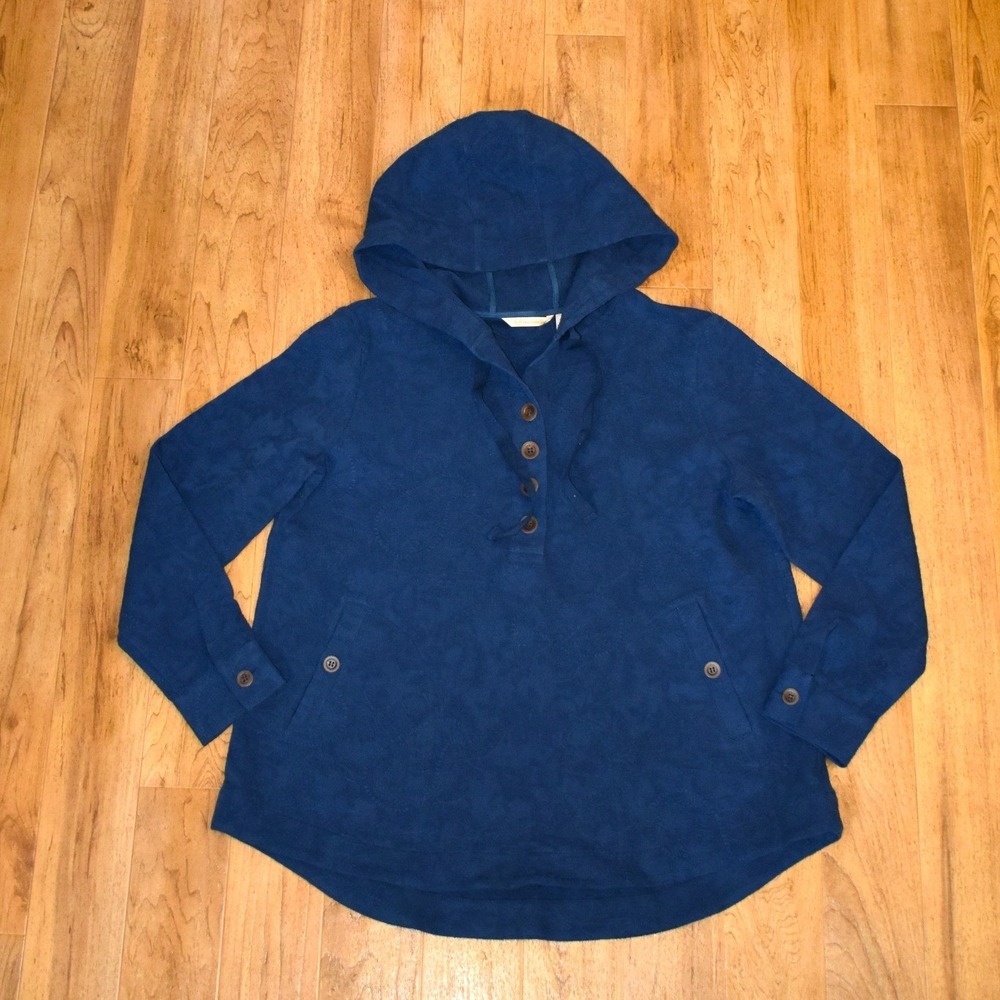 Soft Surroundings Womens Hooded Tunic Pullover Large Blue Paisley Henley 2CZ81